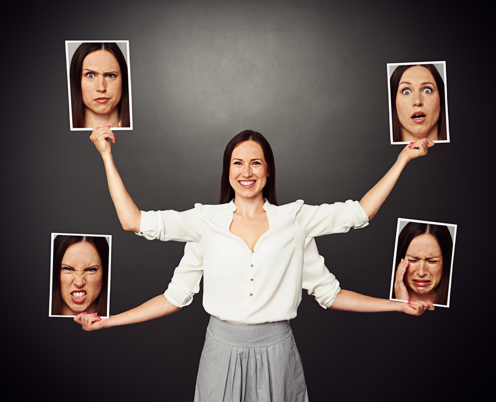 Woman with five different facial expressions